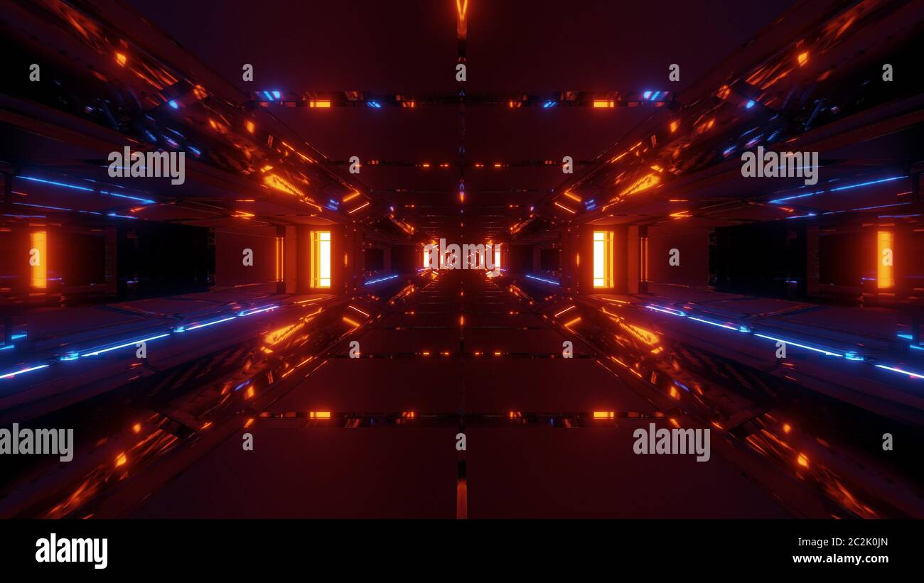 Futuristische sci-Fi Raum Hangar 3d Illustration Hintergrund Tapete, hohe reflektierende Tunnel 3d Rendeing Design Stockfoto