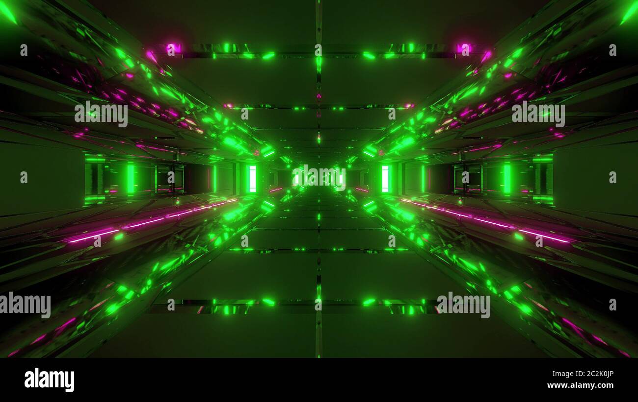 Futuristische sci-Fi Raum Hangar 3d Illustration Hintergrund Tapete, hohe reflektierende Tunnel 3d Rendeing Design Stockfoto