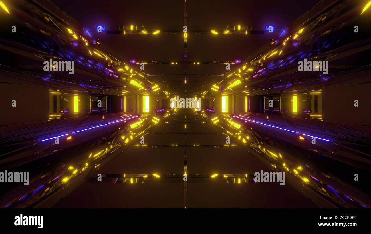 Futuristische sci-Fi Raum Hangar 3d Illustration Hintergrund Tapete, hohe reflektierende Tunnel 3d Rendeing Design Stockfoto