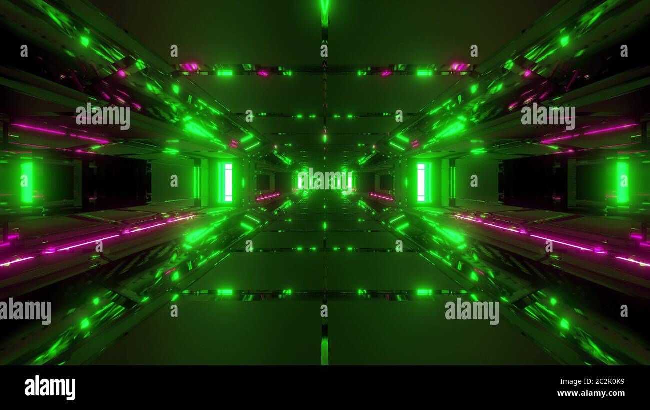 Futuristische sci-Fi Raum Hangar 3d Illustration Hintergrund Tapete, hohe reflektierende Tunnel 3d Rendeing Design Stockfoto