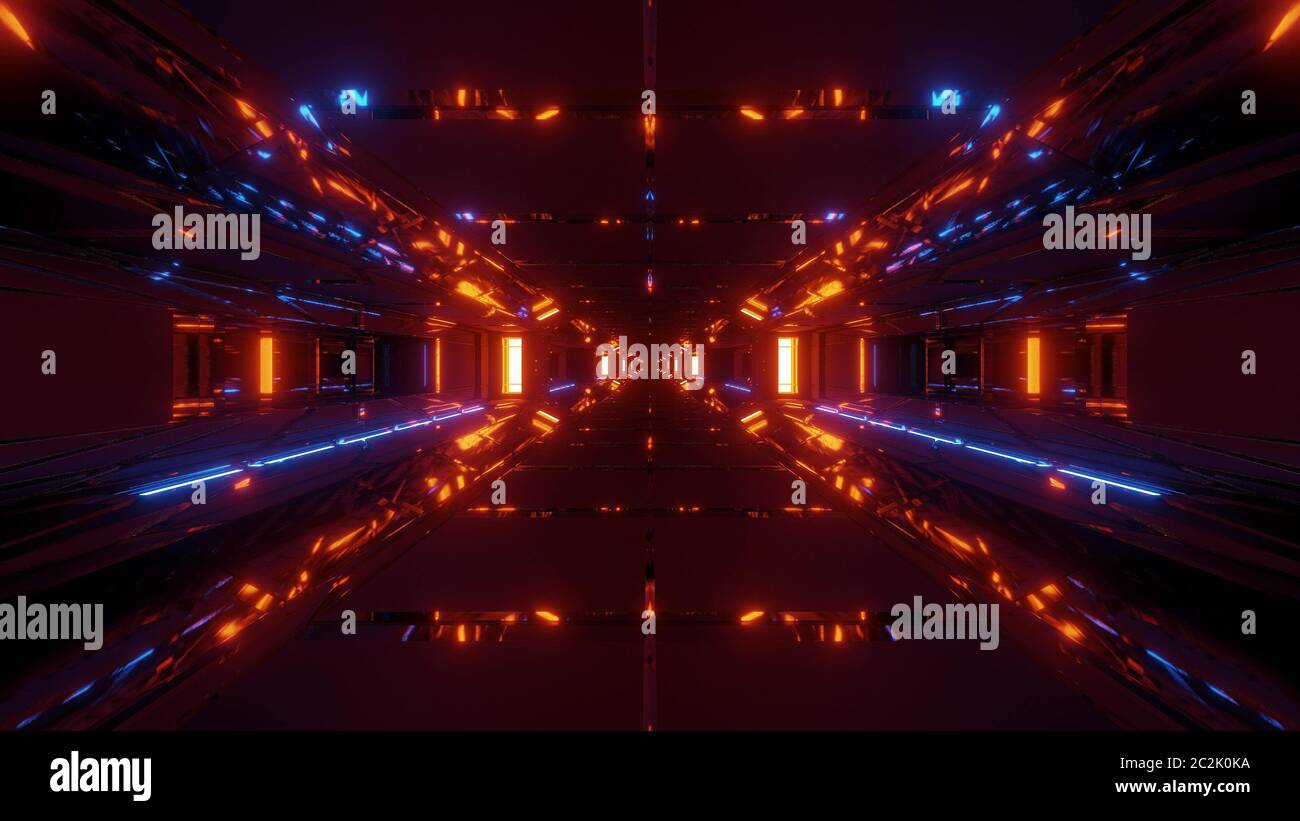 Futuristische sci-Fi Raum Hangar 3d Illustration Hintergrund Tapete, hohe reflektierende Tunnel 3d Rendeing Design Stockfoto