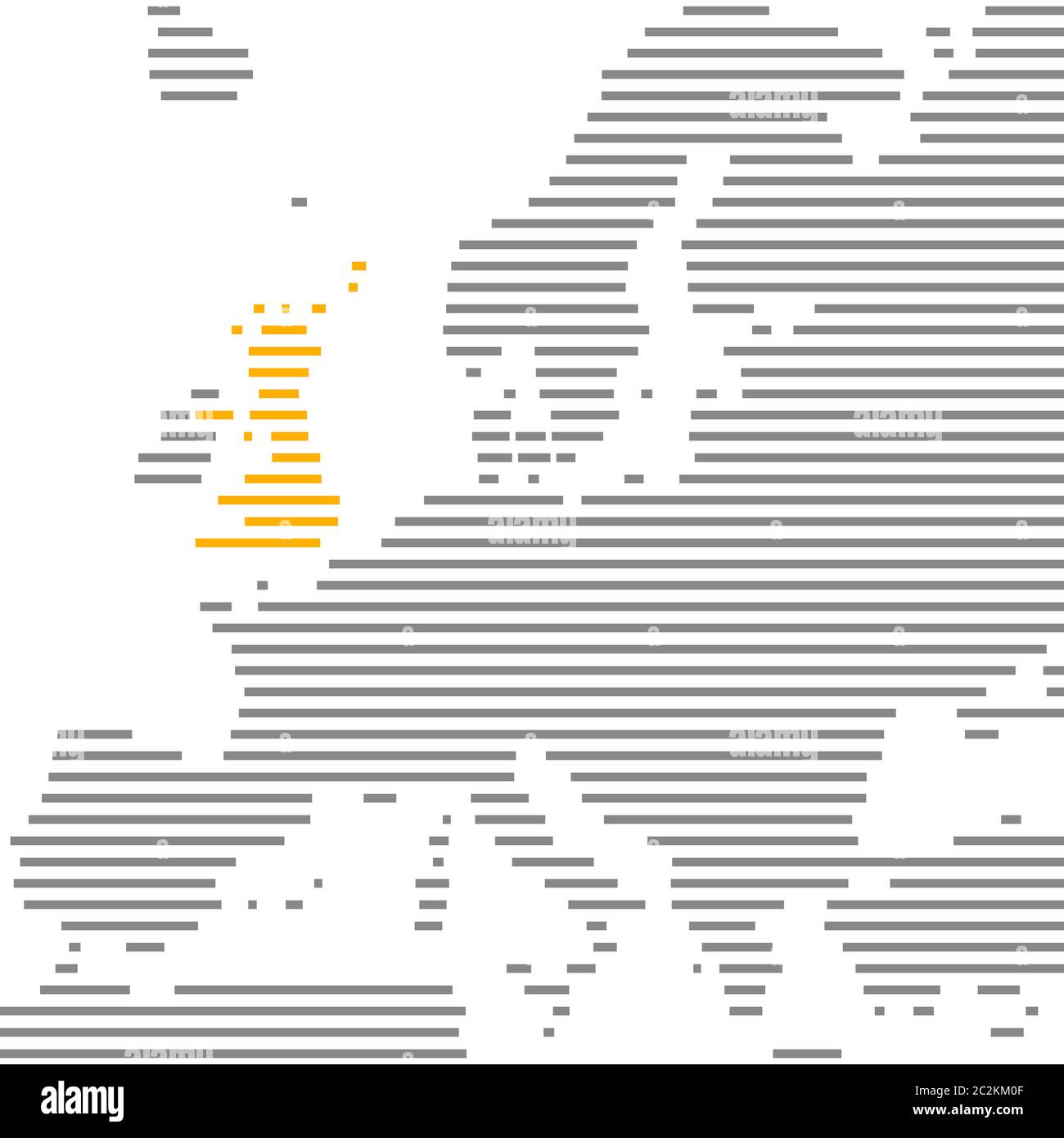 Großbritannien auf grau gestreifter Europakarte mit orangefarbenen Streifen Stockfoto