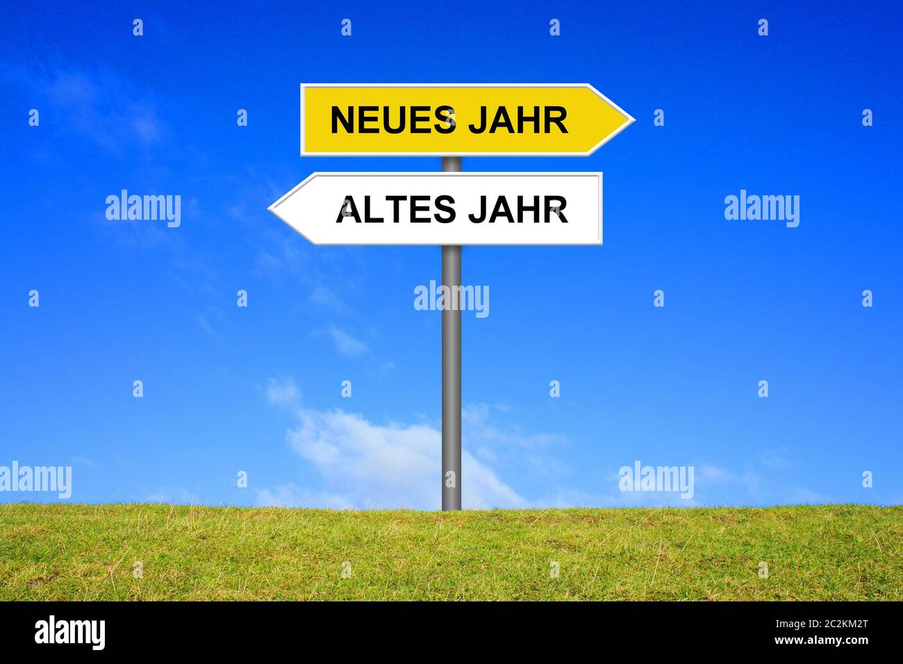 Draußen zeigt das alte und das neue Jahr in deutscher Sprache Stockfoto