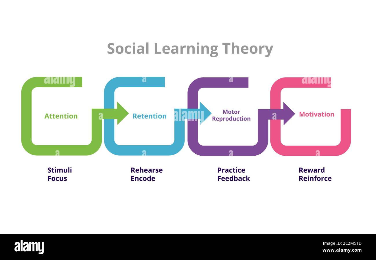 Social Learning Theory Bandura vier Stufen Mediationsprozess in der Social Learning Theory Aufmerksamkeitsretention motorische Reproduktion Motivation in Diagramm Stock Vektor