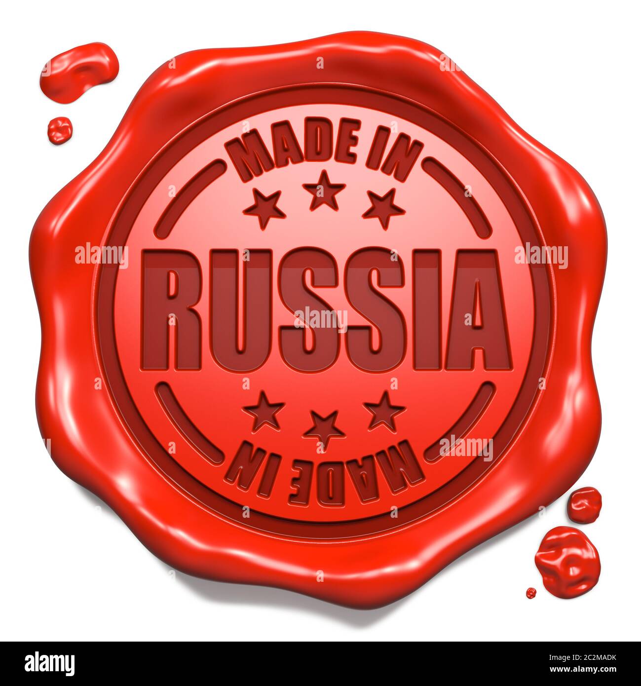 Made in Russia - Stempel auf Red Wax Seal isoliert auf Weiß. Geschäftskonzept. 3D-Rendern. Stockfoto