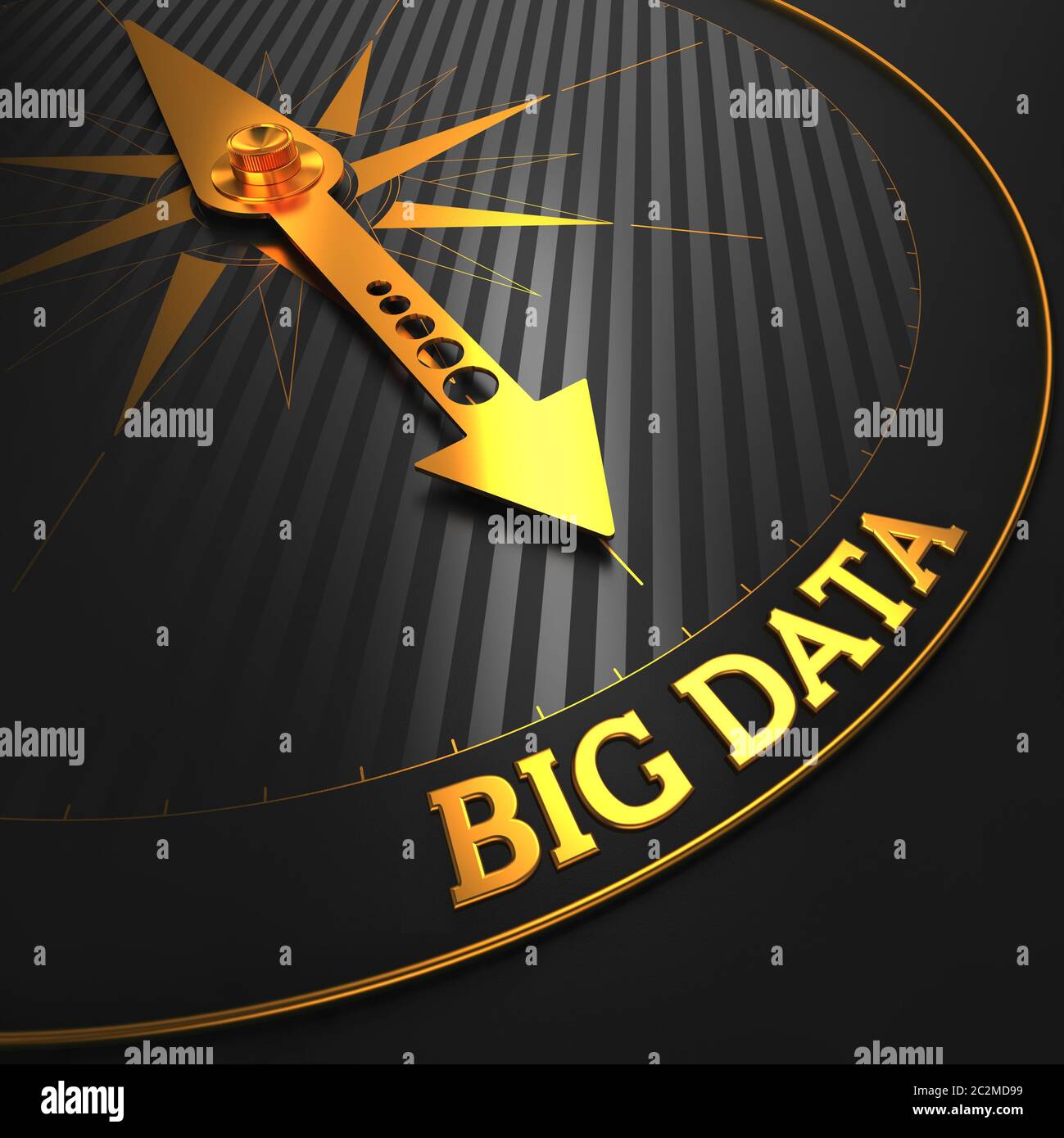 Big Data-Konzept. Goldene Kompassnadel auf einem schwarzen Feld, das auf die Worte „Big Data“ verweist. Stockfoto