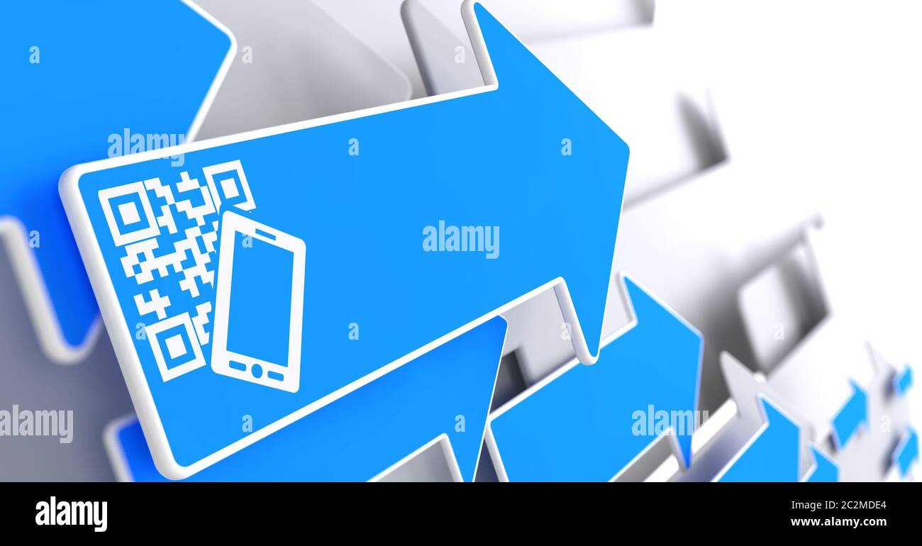 QR-Code mit Smartphone-Symbol auf blauem Pfeil auf grauem Hintergrund. Stockfoto