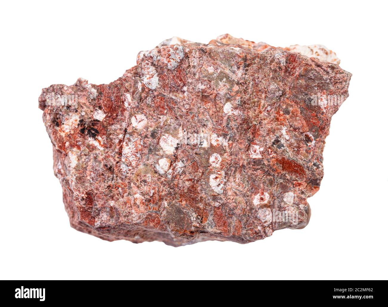 Nahaufnahme der natürlichen Mineralprobe aus der geologischen Sammlung - roher Rhyolitgestein isoliert auf weißem Grund Stockfoto