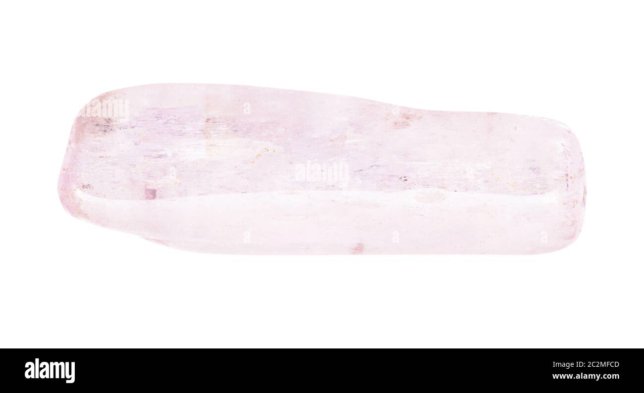 Nahaufnahme der natürlichen Mineralprobe aus der geologischen Sammlung - entstaubter Kunzite (lilac Spodumene) Edelstein isoliert auf weißem Hintergrund Stockfoto