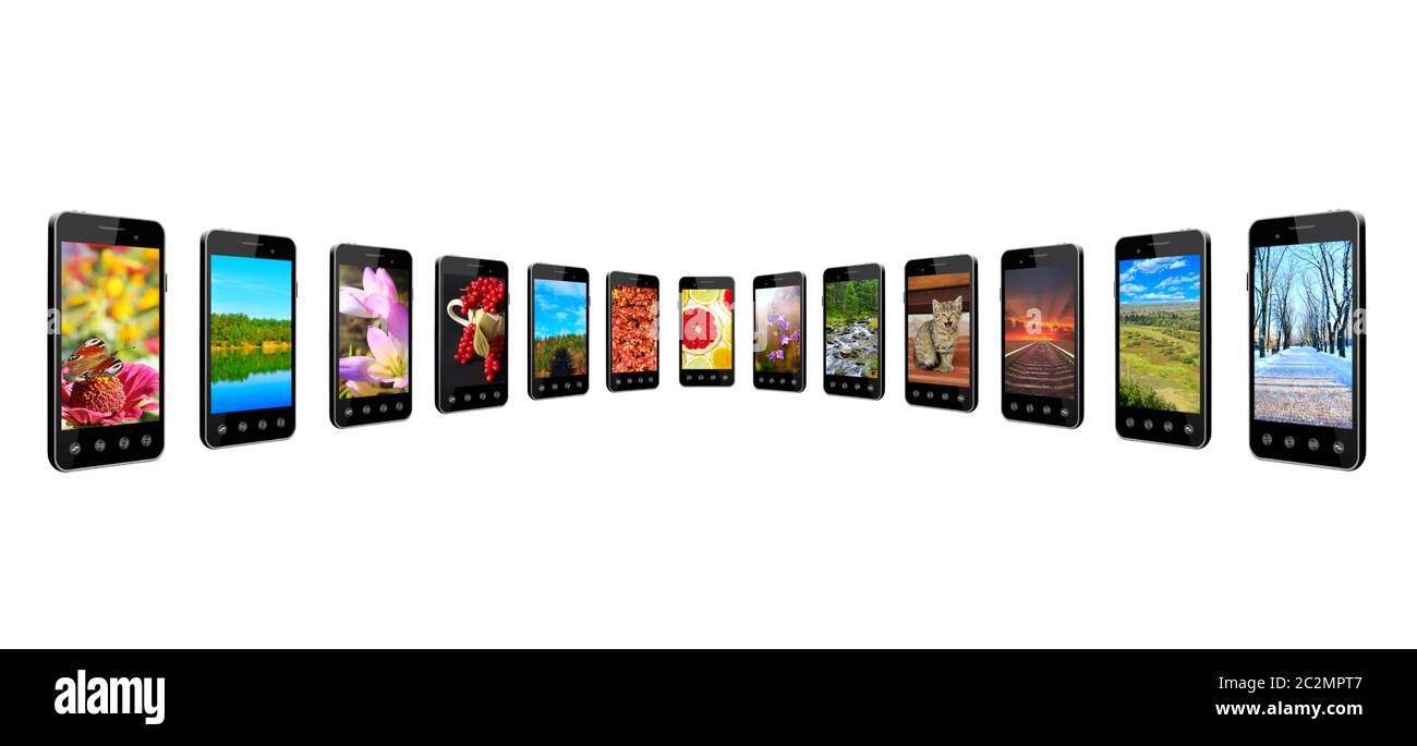 Smartphones mit verschiedenen Bildern in Reihe isoliert. Mobiltelefone mit Bildern der Natur Stockfoto