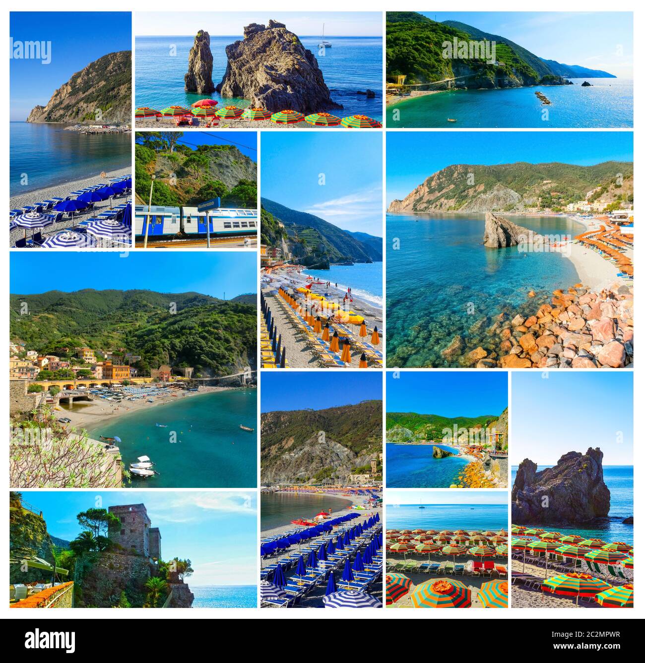 Panorama von Monterosso al Mare, im Sommer, ein Dorf an der Küste und Erholungsort in der Cinque Terre, Ligurien, Italien. Stockfoto