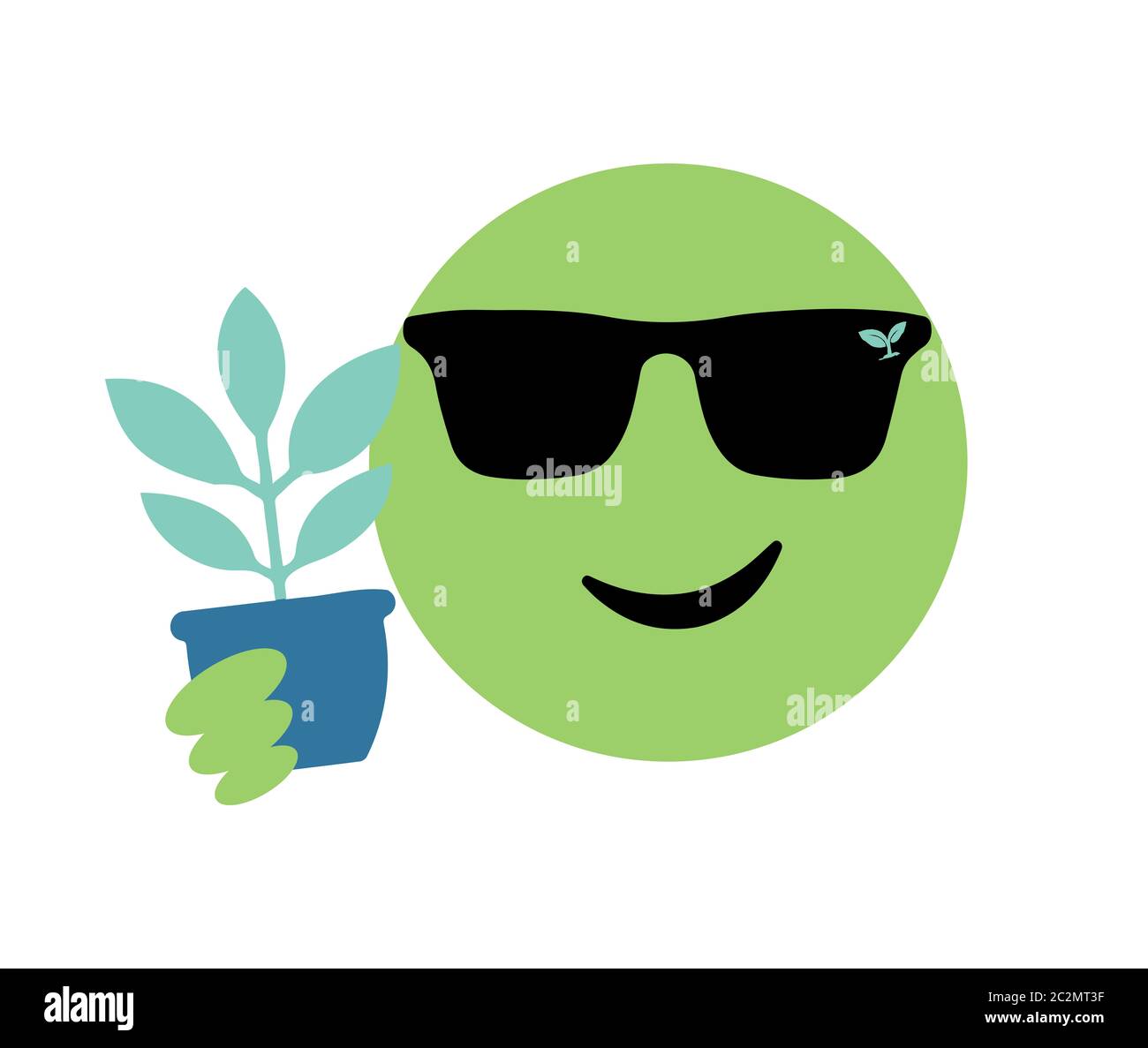 Lächelndes grünes Emoji hält eine Pflanze in einem Topf, es ist kühl, Hauspflanzen anzubauen und sich um Ihre Umwelt zu kümmern Stockfoto