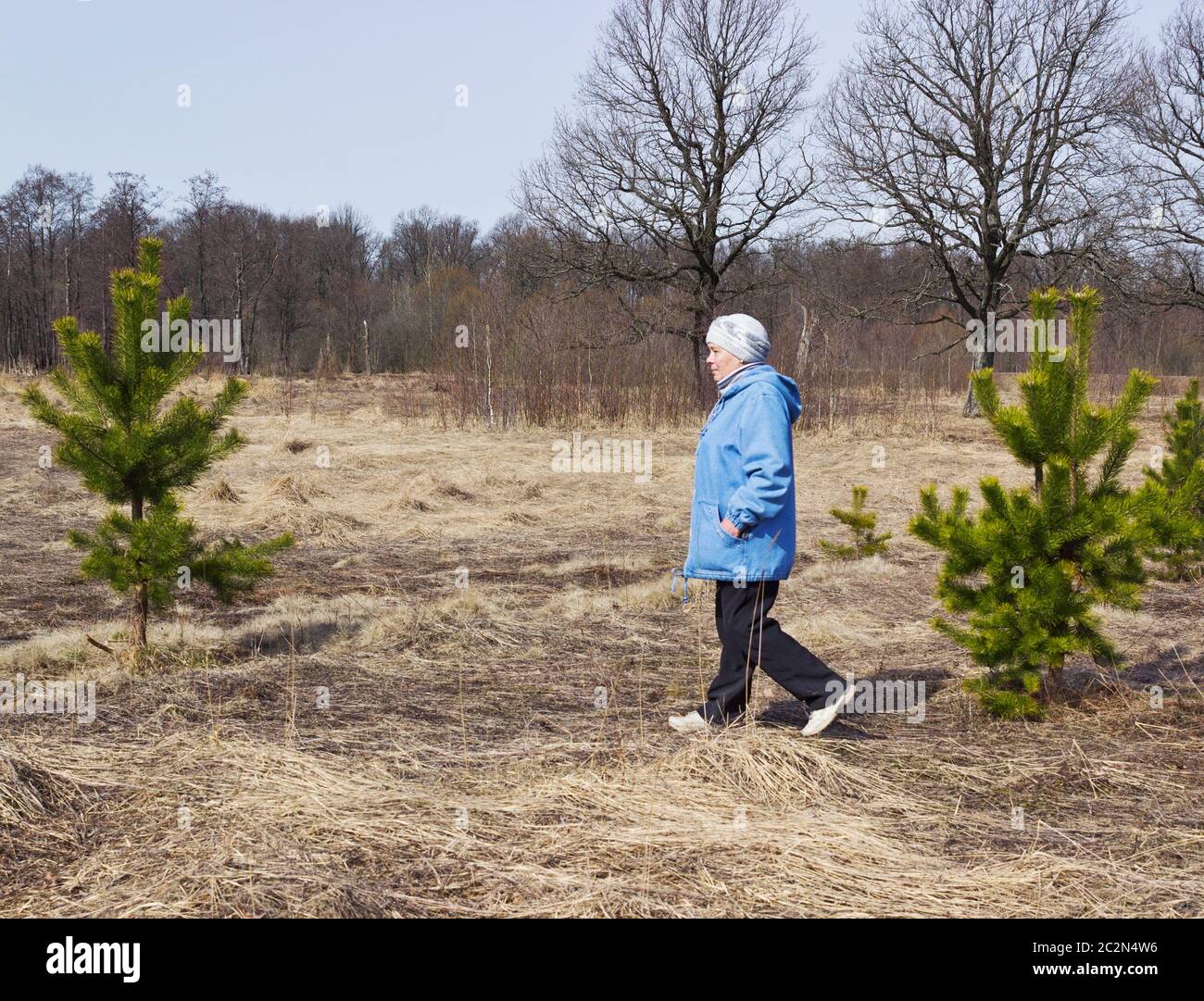 Eine ältere Frau im Frühling im Wald Stockfoto