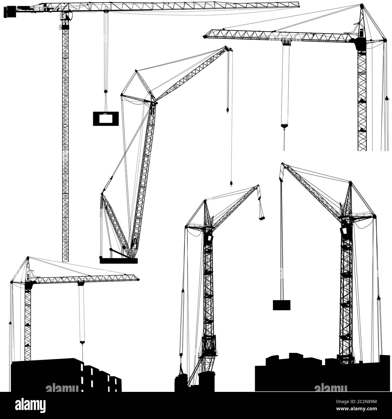 Satz von Schwarz Hebezeuge Krane isoliert auf weißem Hintergrund. Vektor-illustration Stockfoto