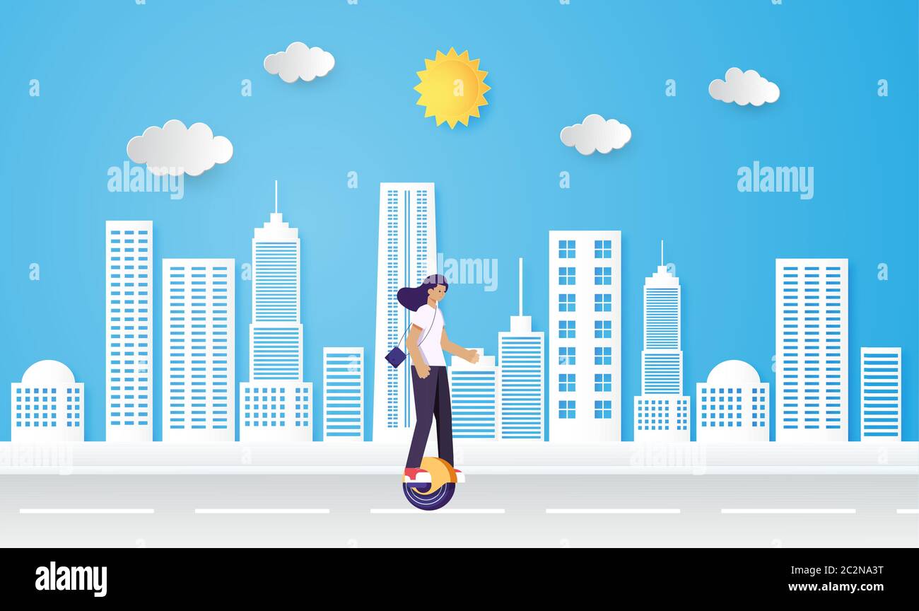 Mädchen ist mit elektrischen Transportfahrzeug auf der Straße Stock Vektor