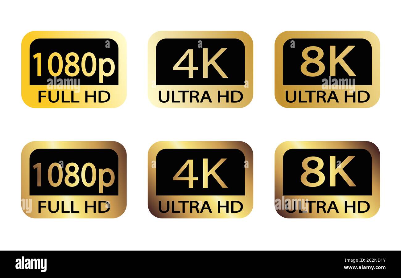 Symbole für Schwarz, Weiß und Gold für Video- oder Bildschirmauflösung. Eingestellt von 1080p bis 8k. 8K UHD ist die höchste Auflösung, die im Standard Rec. 2020 definiert ist. Stockfoto