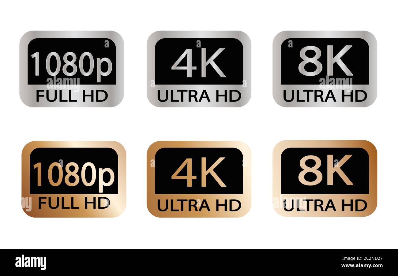 Symbole für Schwarz, Weiß und Gold für Video- oder Bildschirmauflösung. Eingestellt von 1080p bis 8k. 8K UHD ist die höchste Auflösung, die im Standard Rec. 2020 definiert ist. Stockfoto