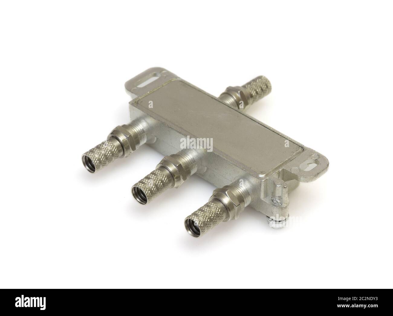 Antenne-Kabel-Anschlüsse, Metall Stecker auf weiß, Makro Stockfoto