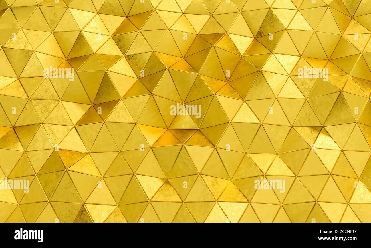 Geometrische Muster mit dreieckigen Formen in goldfarbenem Metall. 3D-Bild rendern Stockfoto
