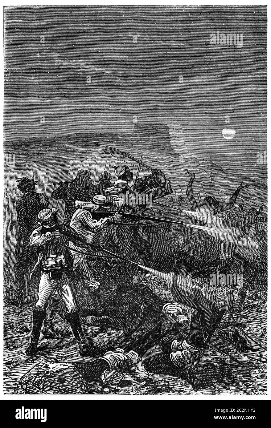 Mitten in den Gruppen, Vintage graviert Illustration. Jules Verne 3 Russisch und 3 Englisch, 1872. Stockfoto
