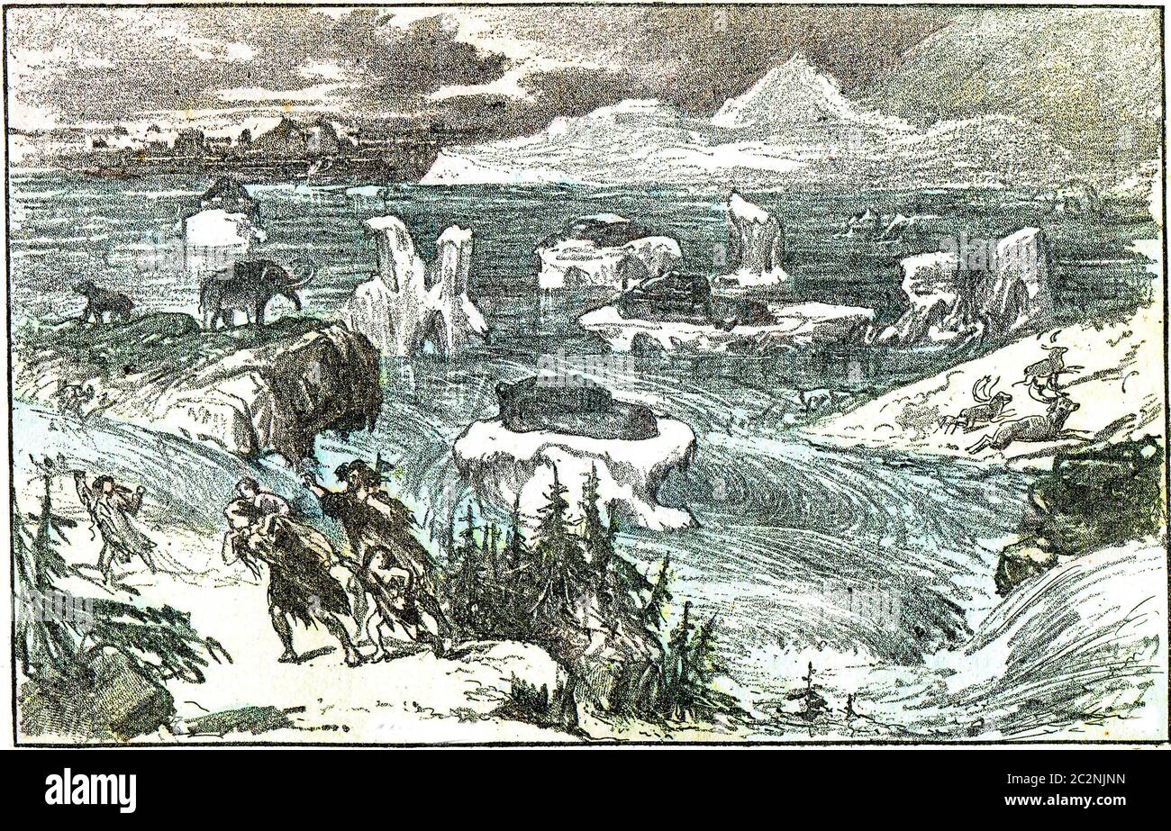 Überflutung Mitteleuropas am Ende der Eiszeit, Vintage gravierte Illustration. Von der natürlichen Schöpfung und Lebewesen. Stockfoto