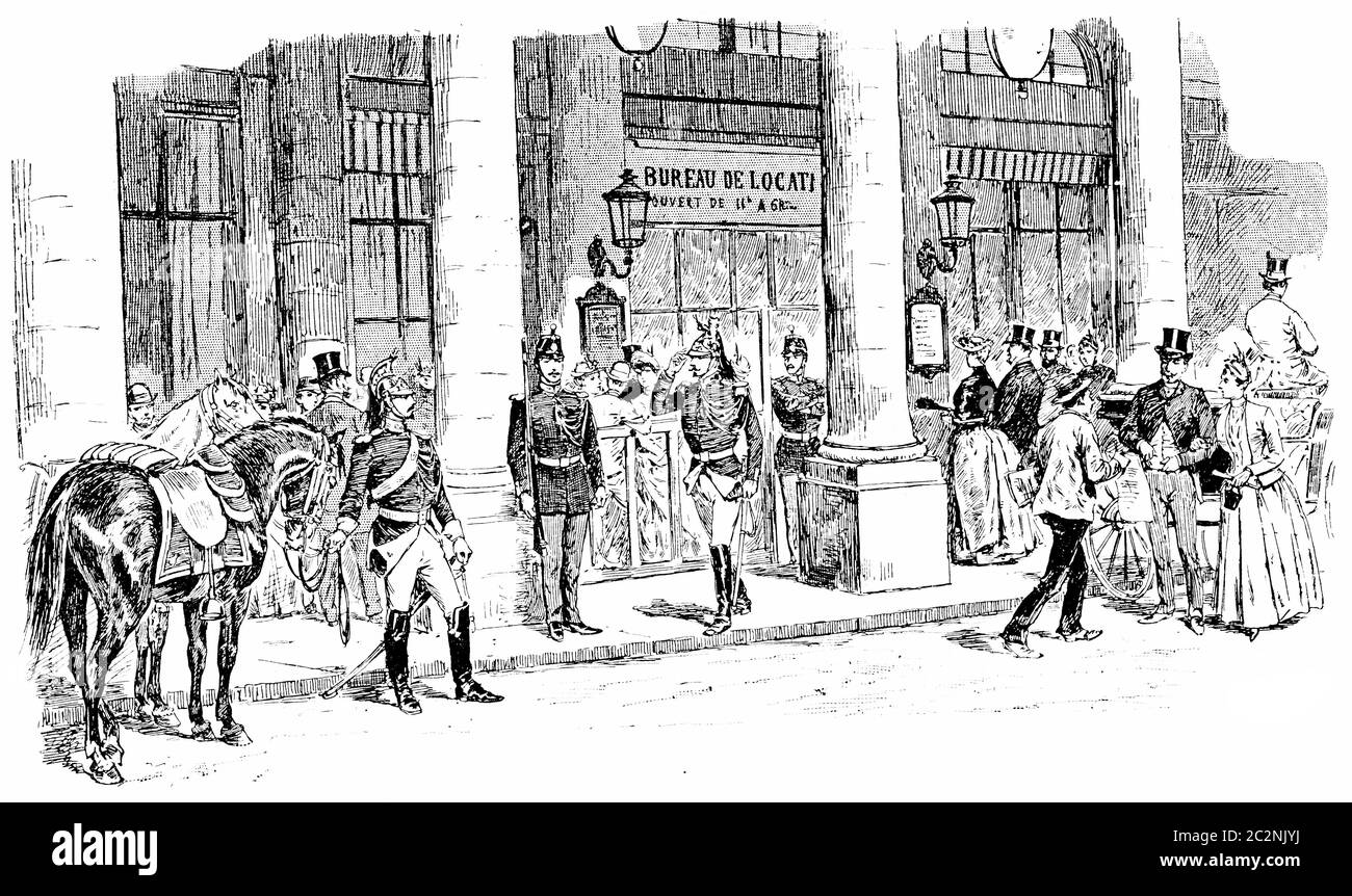 Eine Runde der Republikanischen Garde im französischen Theater, Vintage gravierte Illustration. Paris - Auguste VITU – 1890. Stockfoto