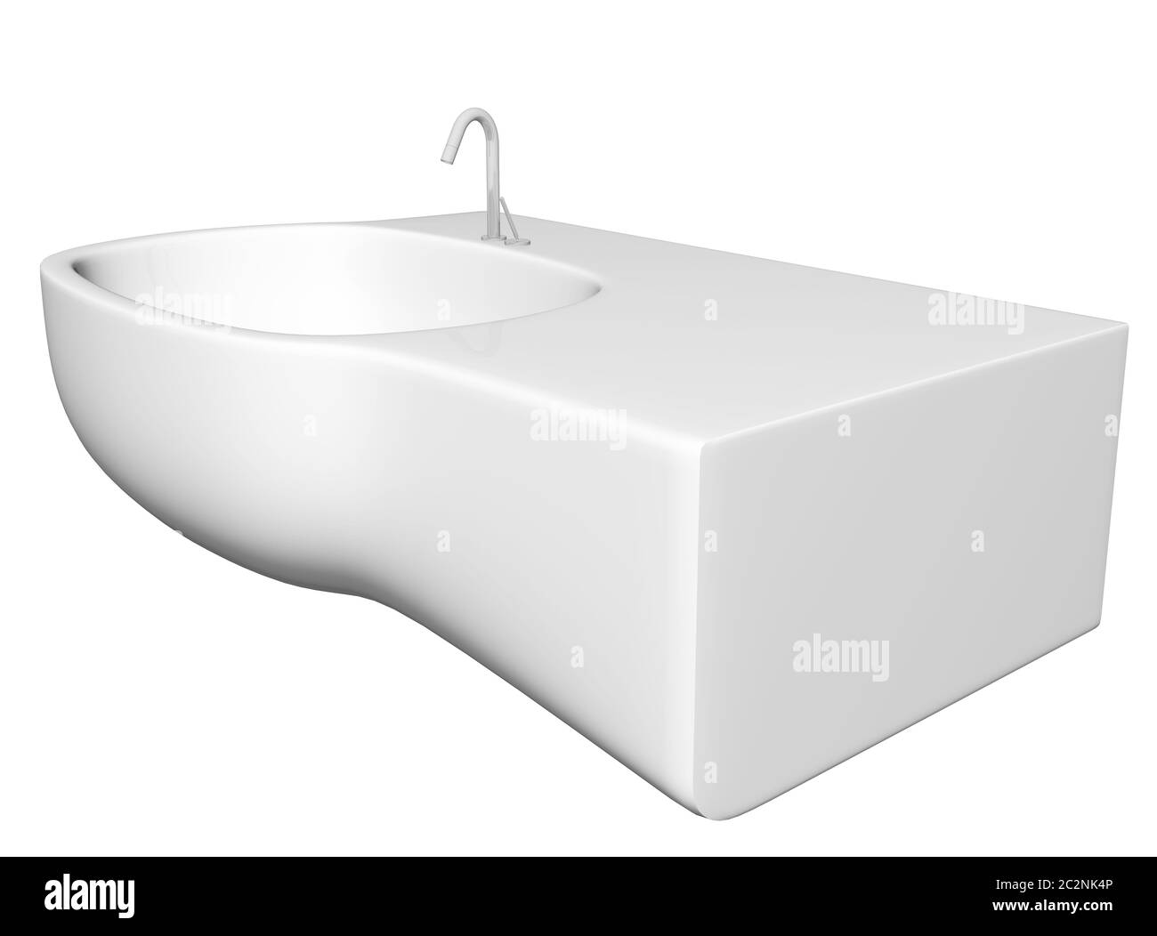 Modernes Waschbecken oder Waschbecken mit Wasserhahn und Armaturen, isoliert auf weißem Hintergrund. Stockfoto