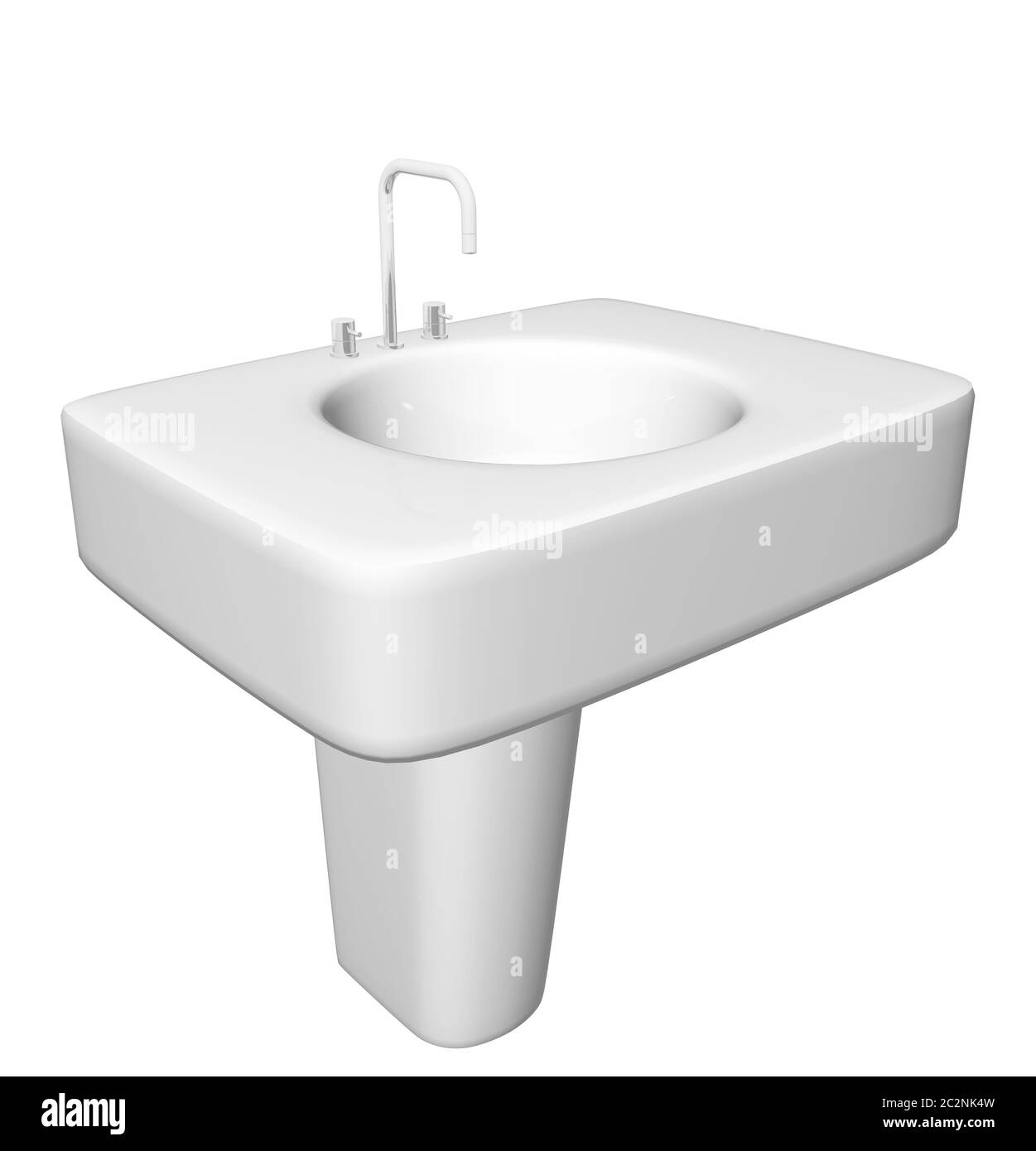 Modernes Waschbecken oder Waschbecken mit Wasserhahn und Armaturen versteckt, isoliert vor einem weißen Hintergrund. Stockfoto