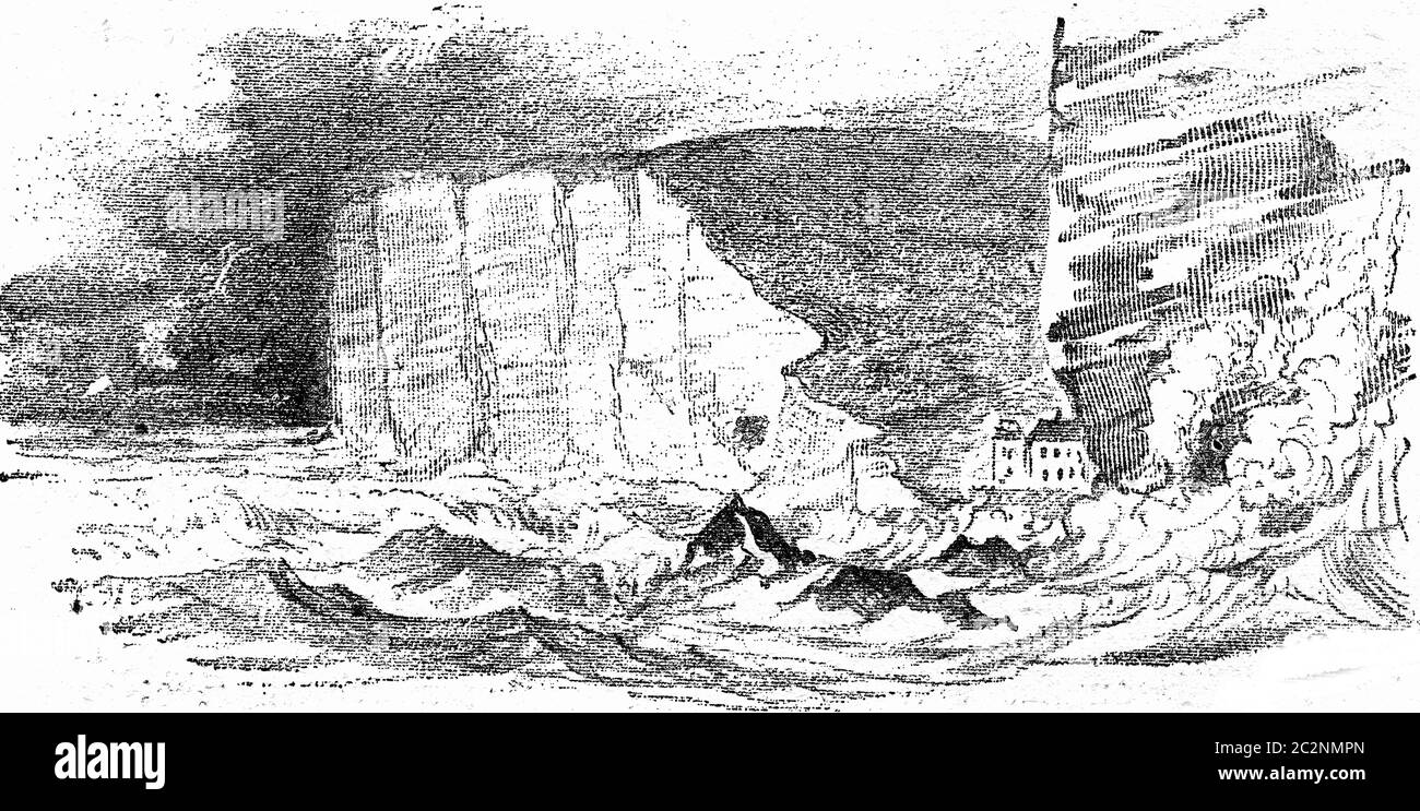 Abriss, durch die Wellen, der Klippen des Küstenabrisses des Ärmelkanals, Vintage graviert Illustration. Von der natürlichen Schöpfung und Lebewesen Stockfoto