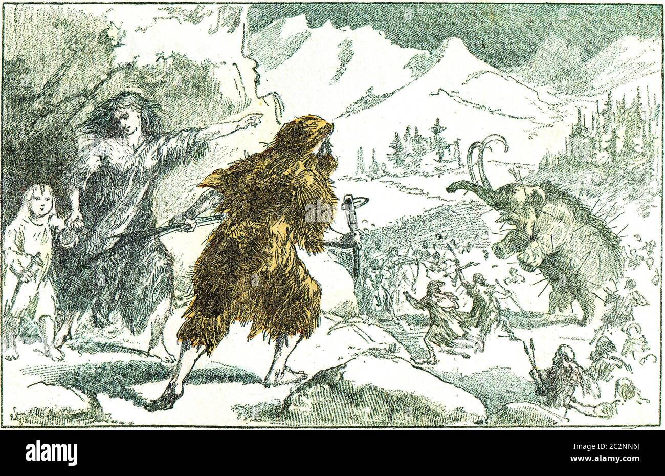 Eine Mammutjagd in der Eiszeit, Vintage gravierte Illustration. Von der natürlichen Schöpfung und Lebewesen. Stockfoto