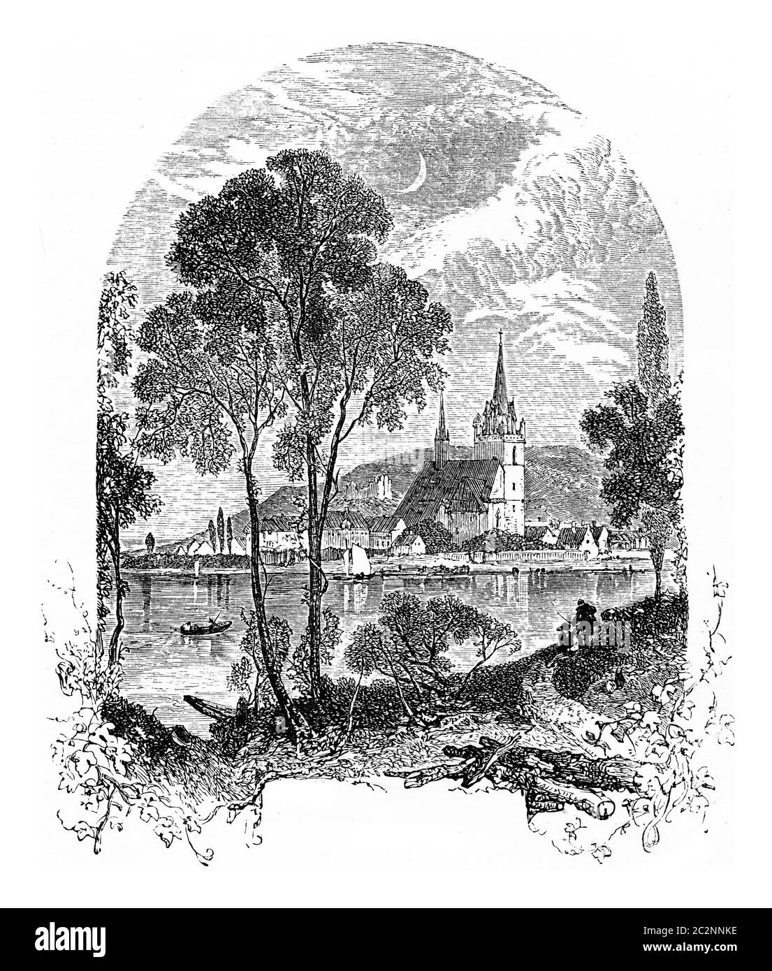 Bingen am Rhein, Illustration mit Weingravur. Von Chemin des Ecoliers, 1861. Stockfoto