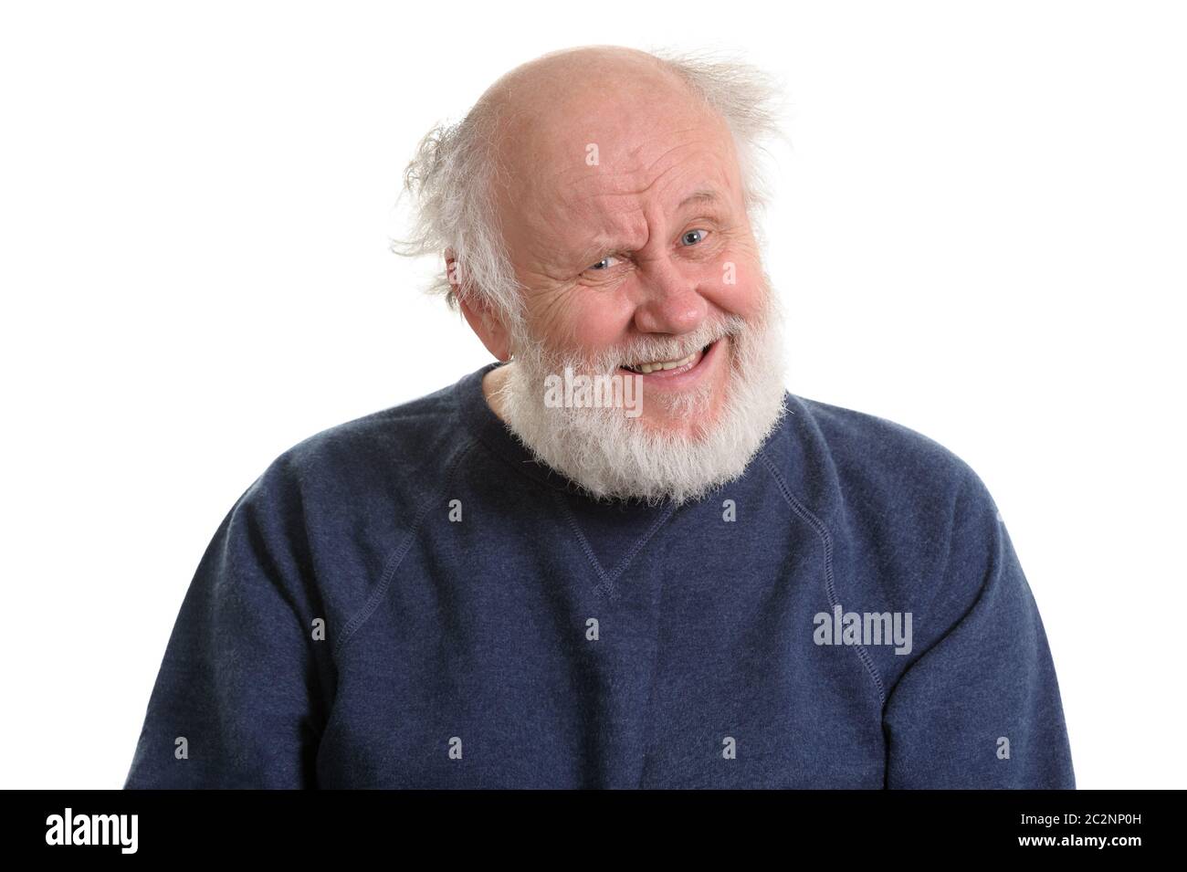 Portrait von sarcasticly Lachen älterer Mann, isoliert auf weißem Stockfoto