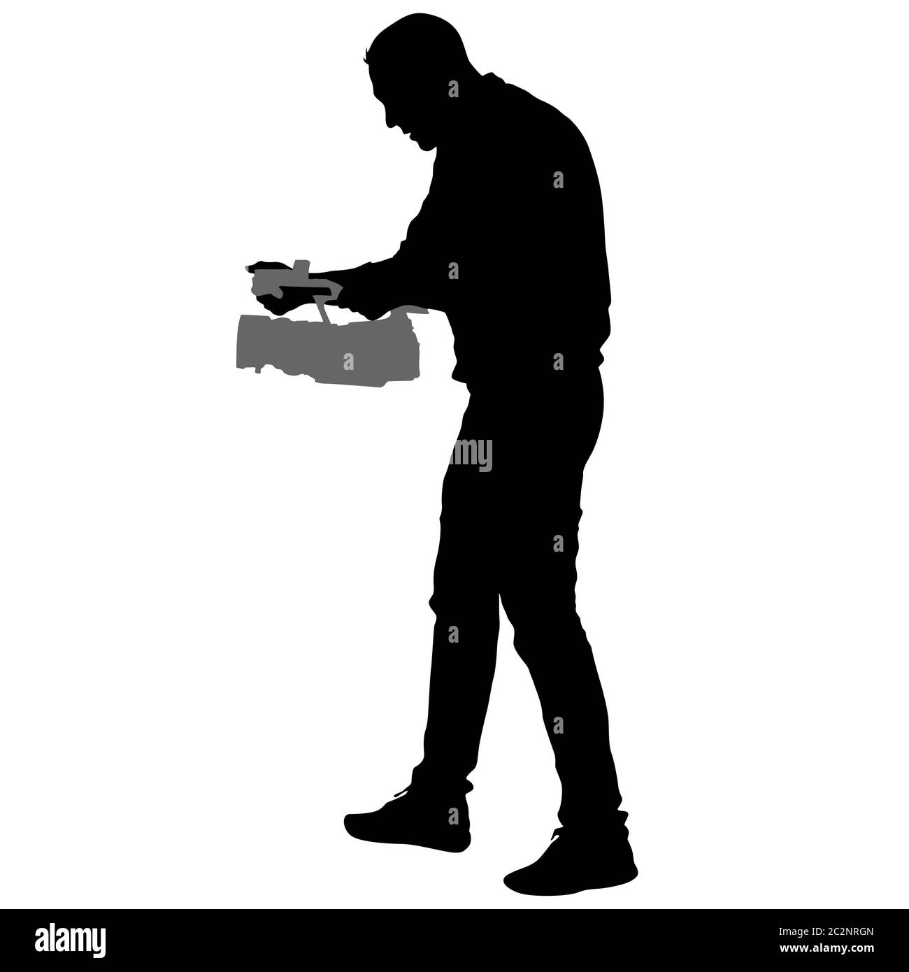 Kameramann mit Videokamera. Silhouetten auf weißem Hintergrund Stockfoto