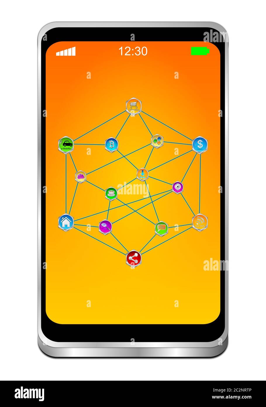 Smartphone mit Internet of Things auf orangefarbenem Desktop - 3D-Illustration Stockfoto