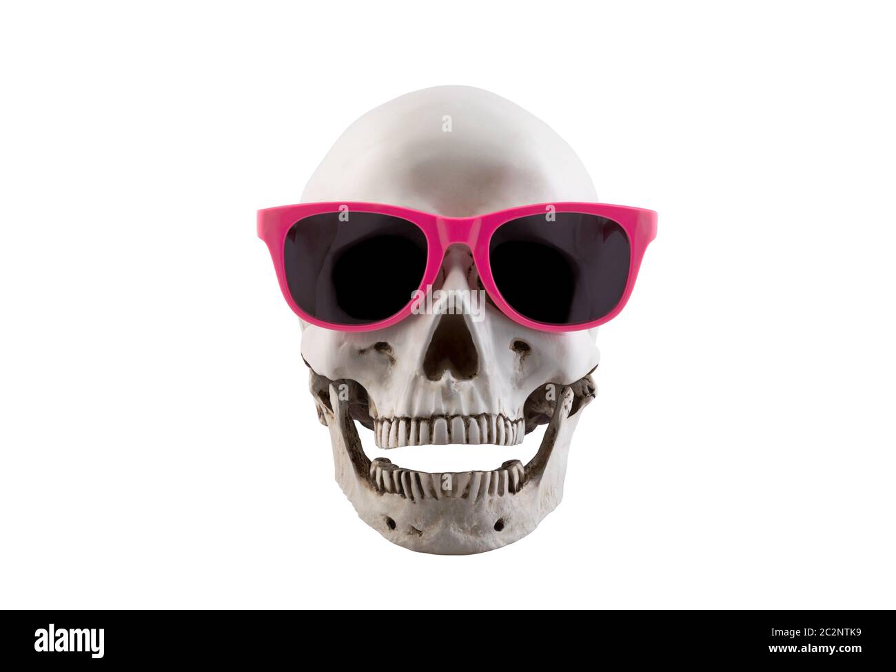 Menschlicher Schädel mit rosa Brille und open jaw auf weißem Hintergrund mit Freistellungspfad isoliert Stockfoto