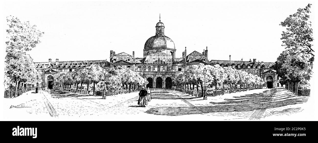 Die große Innenfassade der Salpetriere, Vintage gravierte Illustration. Paris - Auguste VITU – 1890. Stockfoto