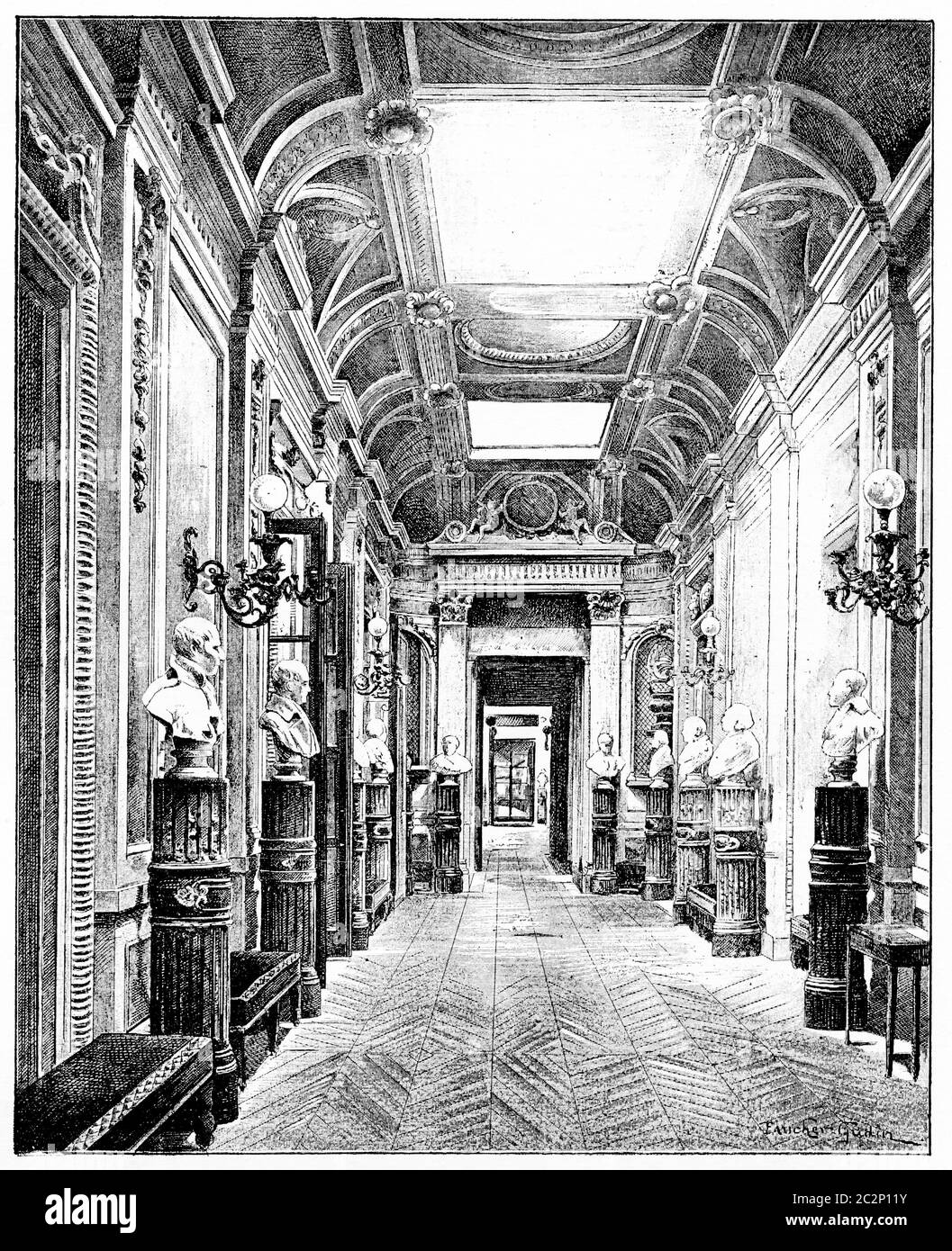 Galerie der Büsten im Palais du Luxembourg, Illustration mit Weingravur. Paris - Auguste VITU – 1890. Stockfoto
