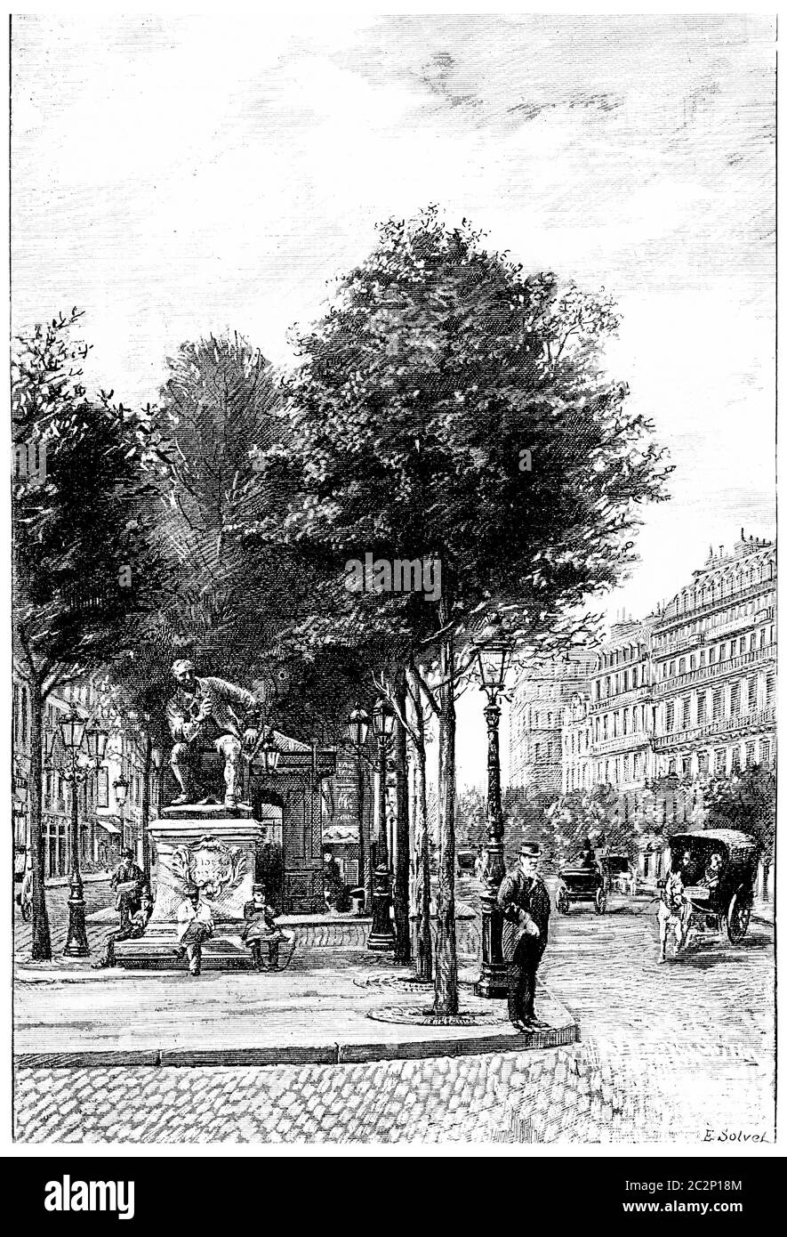 Statue Diderot auf dem Boulevard Saint-Germain vor der Rue Saint-Benoit, Vintage-Gravur Illustration. Paris - Auguste VITU – 1890. Stockfoto