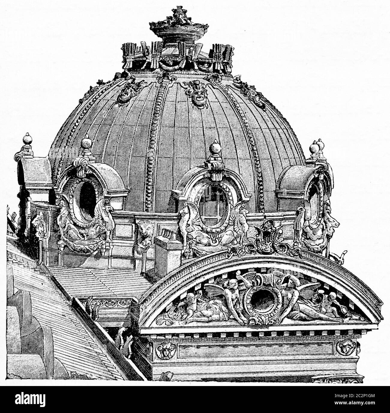 Eine der Kuppeln der Oper (Pavillon Rue Auber), Vintage-gravierte Illustration. Paris - Auguste VITU – 1890. Stockfoto