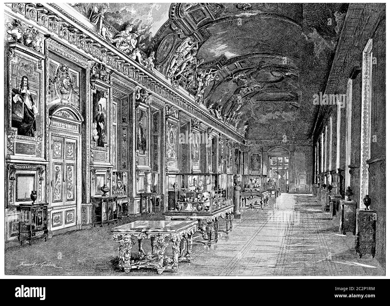 Louvre. Apollo Gallery, Illustration mit Weingravur. Paris - Auguste VITU – 1890. Stockfoto