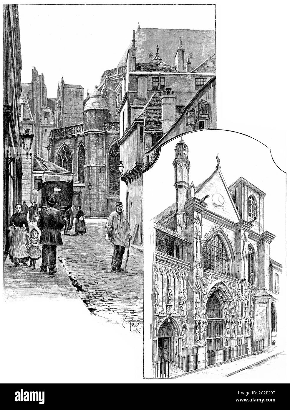 Apsis der Kirche von Saint-Merry, Brisemiche Straße, Türen von Saint-Merry, rue Saint-Martin, Vintage graviert Illustration. Paris - Auguste VITU – 18 Stockfoto