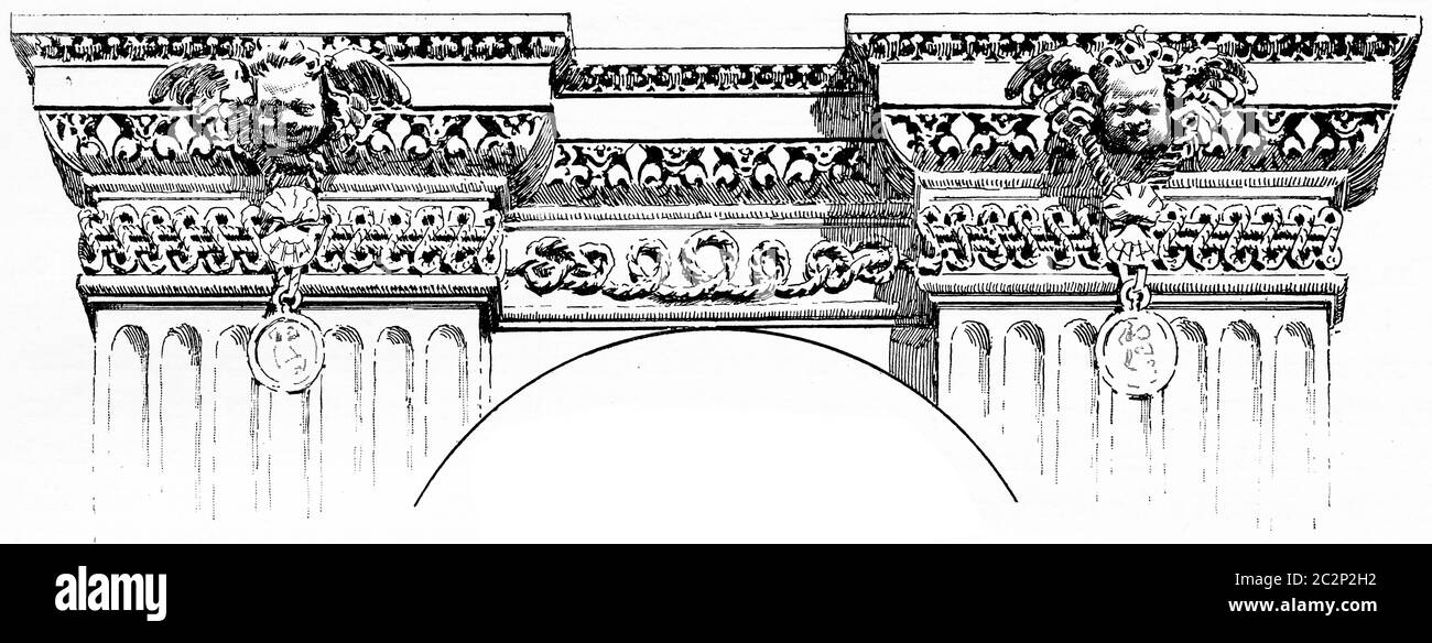 Details eines Fries für den Louvre-Palast, Vintage gravierte Illustration. Paris - Auguste VITU – 1890. Stockfoto