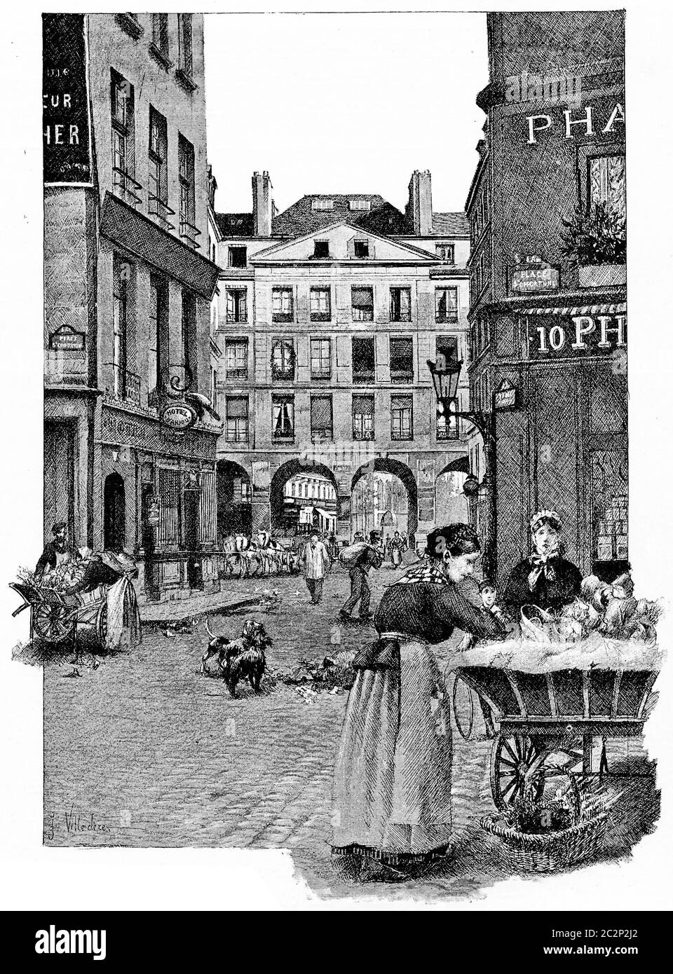 Die Arkaden der rue de la Ferronnerie, Vintage gravierte Illustration. Paris - Auguste VITU – 1890. Stockfoto