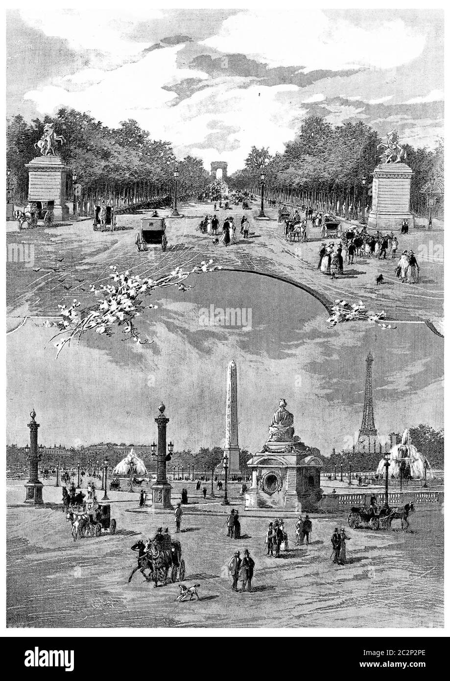 Place de la Concorde und Champs-Elysees Avenue, Illustration mit Vintage-Gravur. Paris - Auguste VITU – 1890. Stockfoto