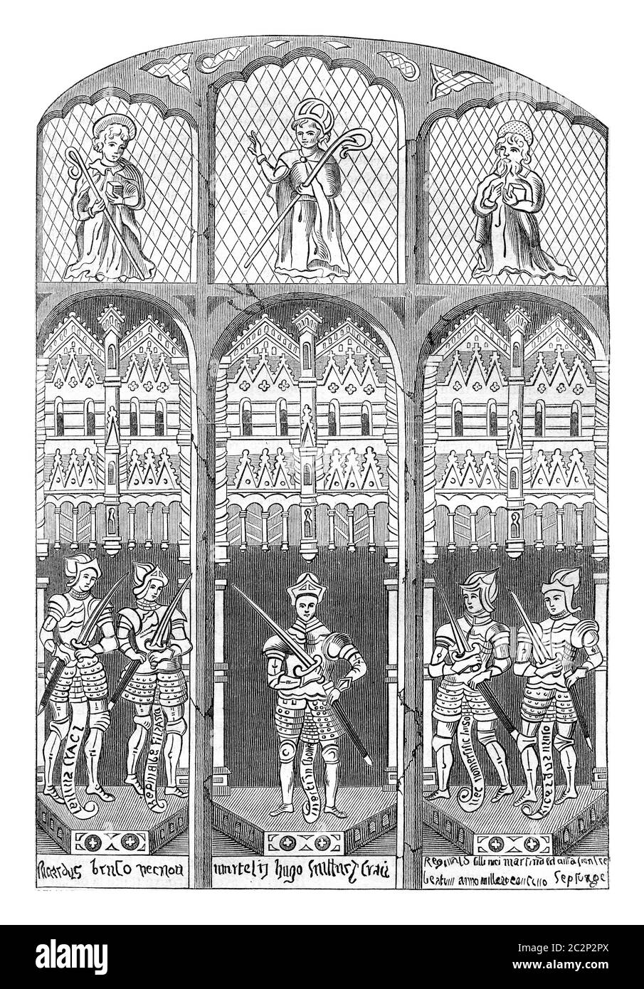 Buntglasfenster der Kirche von Brereton, Cheshire, Vintage-gravierte Illustration. Bunte Geschichte Englands, 1837. Stockfoto