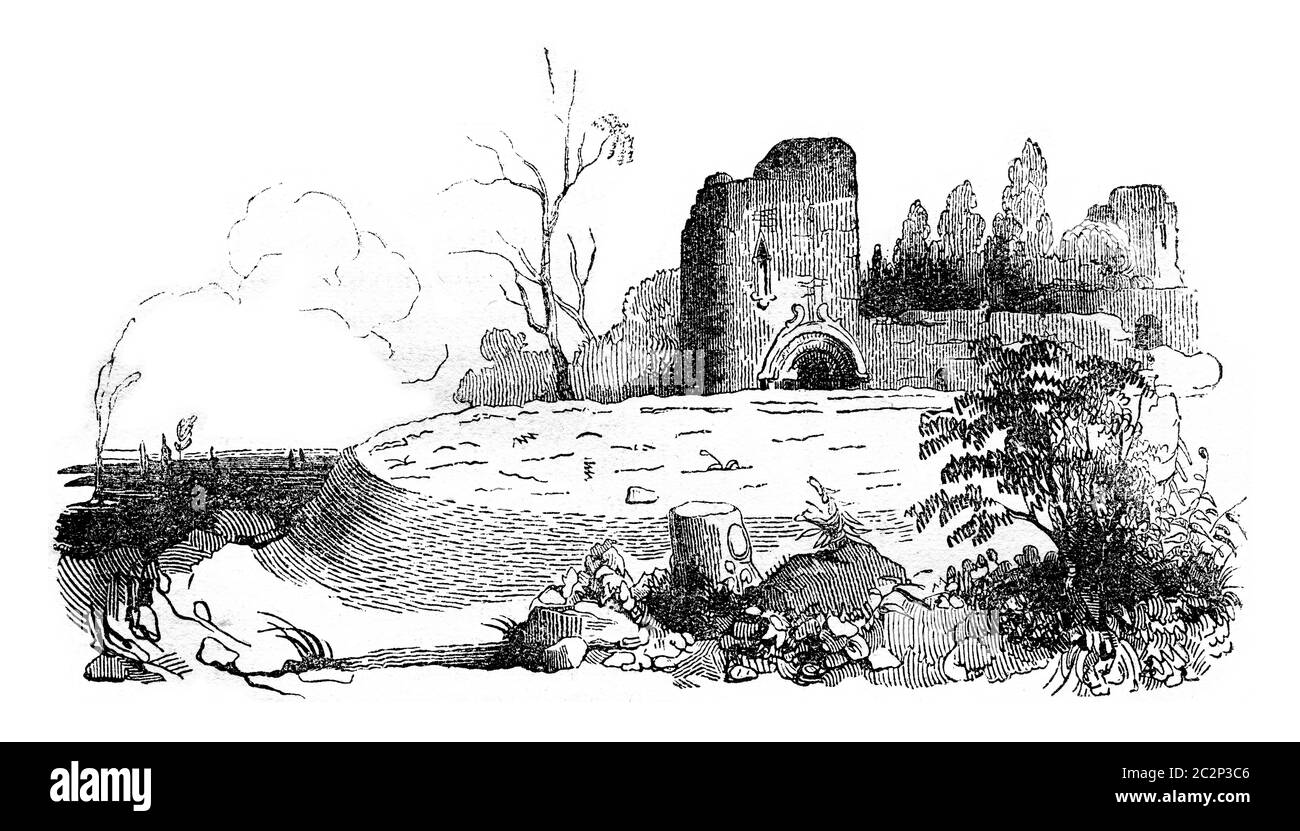 Runder Tisch von König Arthur, bei Aumont (Cumberland), Vintage-Gravur. Bunte Geschichte Englands, 1837. Stockfoto