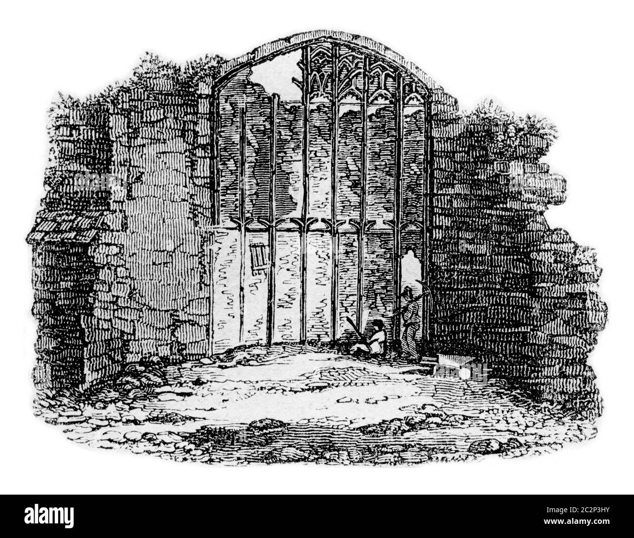Ruinen eines gotischen Fensters des Savoyer Palastes, Illustration mit Vintage-Gravur. Bunte Geschichte Englands, 1837. Stockfoto
