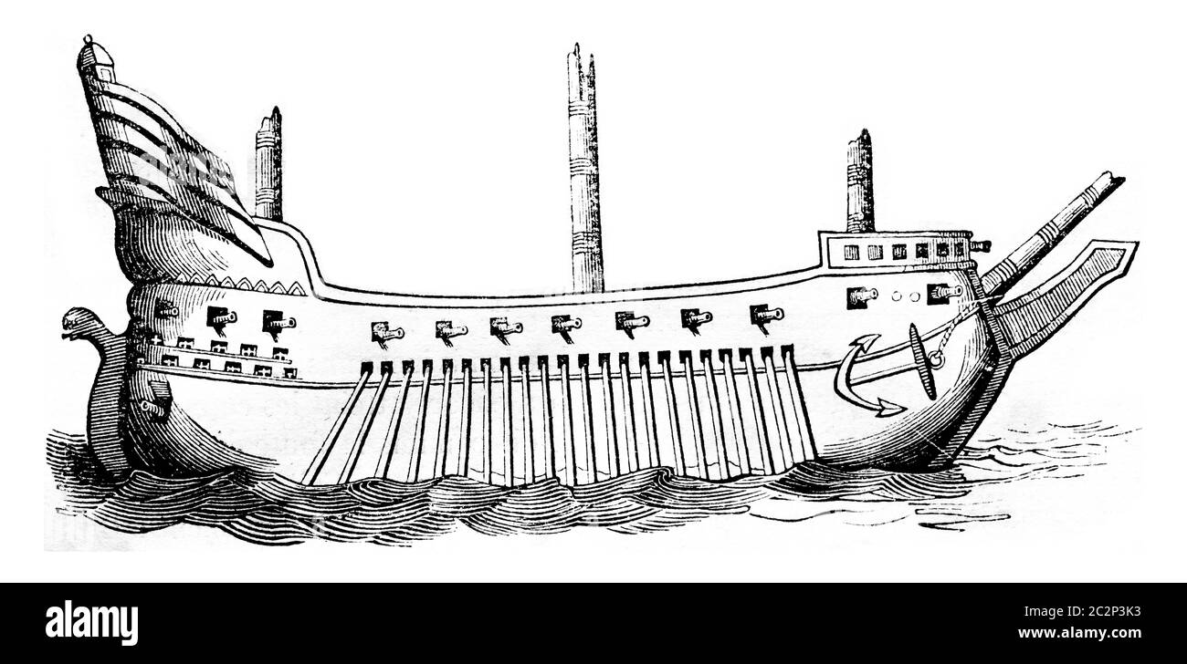 Schiff der Armada, aus der Zeit ein Wandteppich von Elizabeth, im parlament erhalten und im letzten Feuer zerstört, Vintage graviert Illustration. Co Stockfoto Schiff der Armada, aus der Zeit ein Wandteppich von Elizabeth, im parlament erhalten und im letzten Feuer zerstört, Vintage graviert Illustration. Co Stockfoto