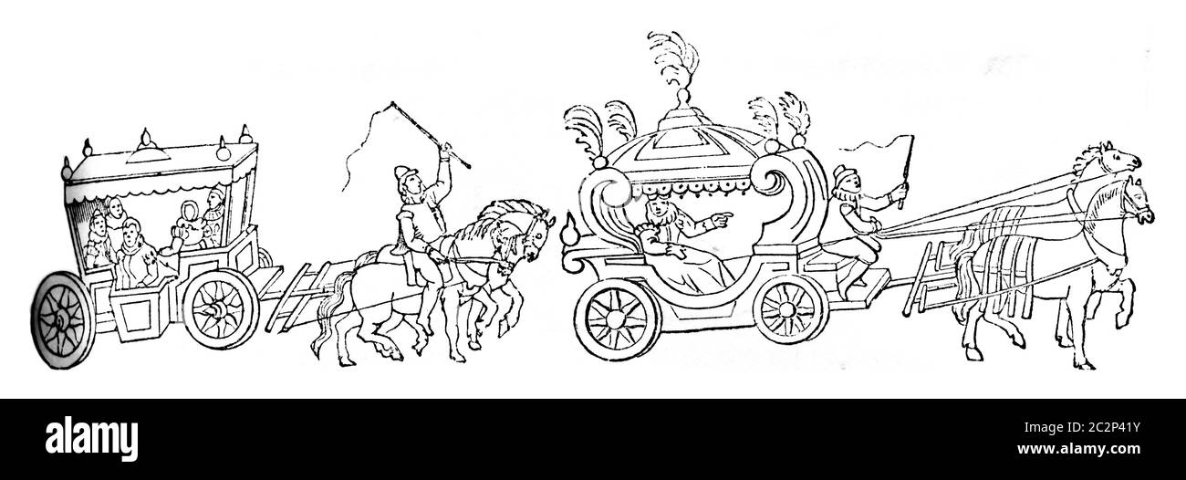 Cart Queen Elizabeth und seine Fortsetzung, um einen Ausdruck dieser Zeit, Vintage gravierte Illustration zu posten. Bunte Geschichte Englands, 1837. Stockfoto
