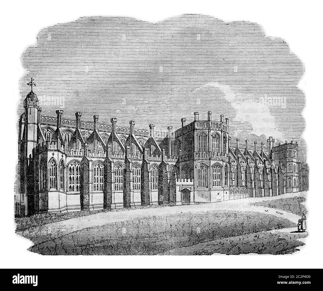Außenansicht der Kapelle des St. George in Windsor, Illustration mit Vintage-Gravur. Bunte Geschichte Englands, 1837. Stockfoto